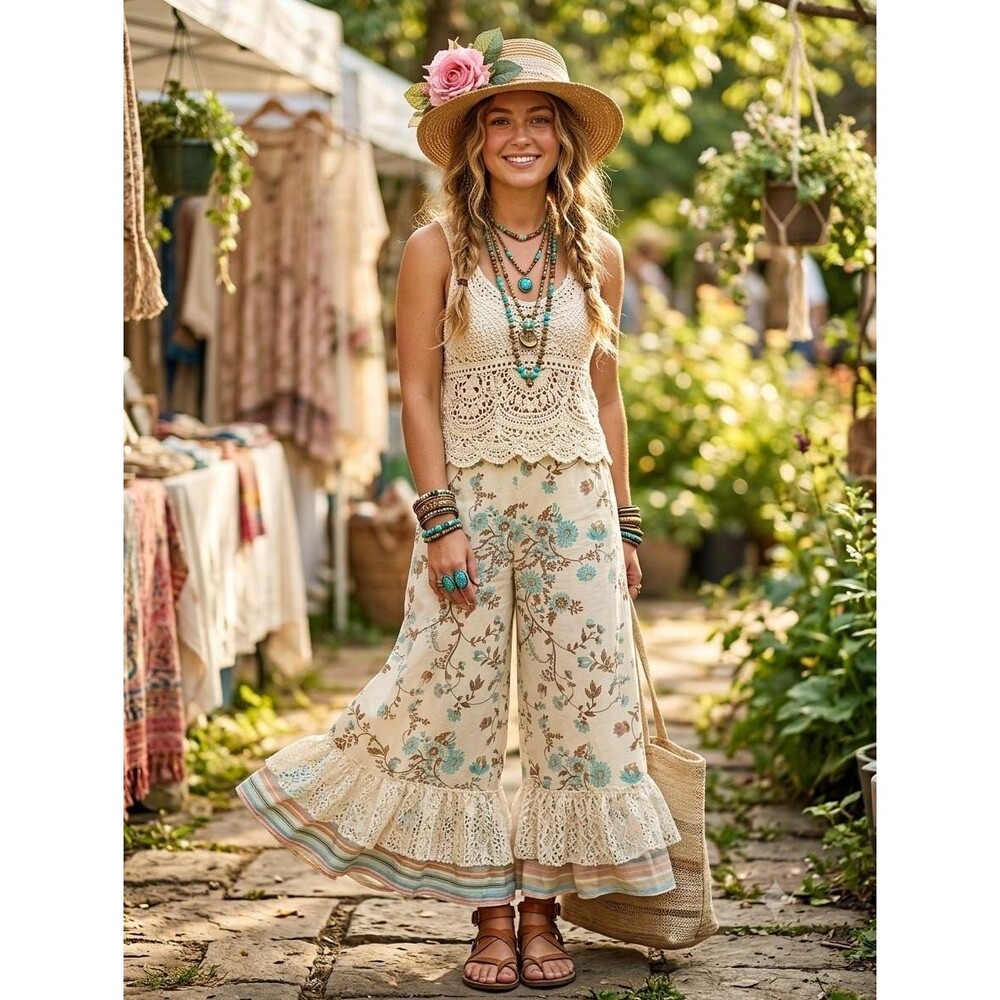 NewVintage Style Floral Bloomers Pants Flowy Tiered Prairie Pants Eclectic Boho